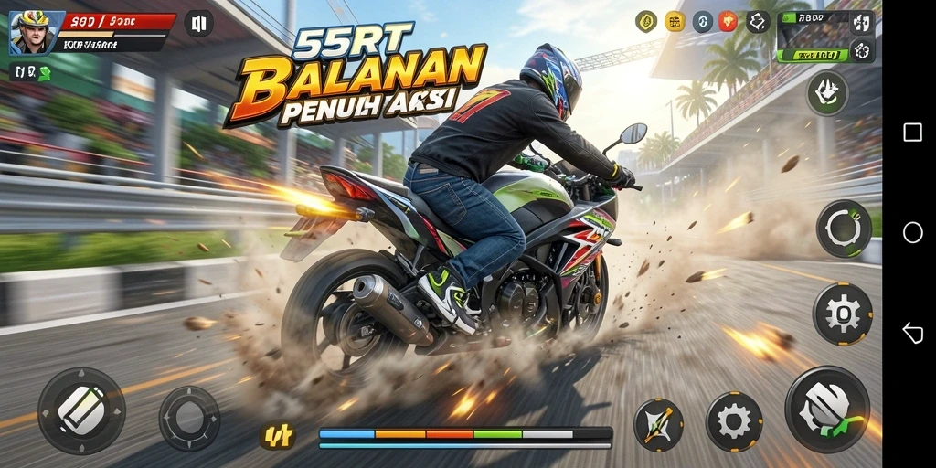Screenshot gameplay 55RT yang menampilkan aksi balapan motor yang mendebarkan.