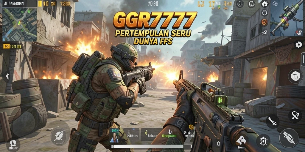 Screenshot utama GGR7777 menampilkan aksi gameplay intens di medan perang FPS.