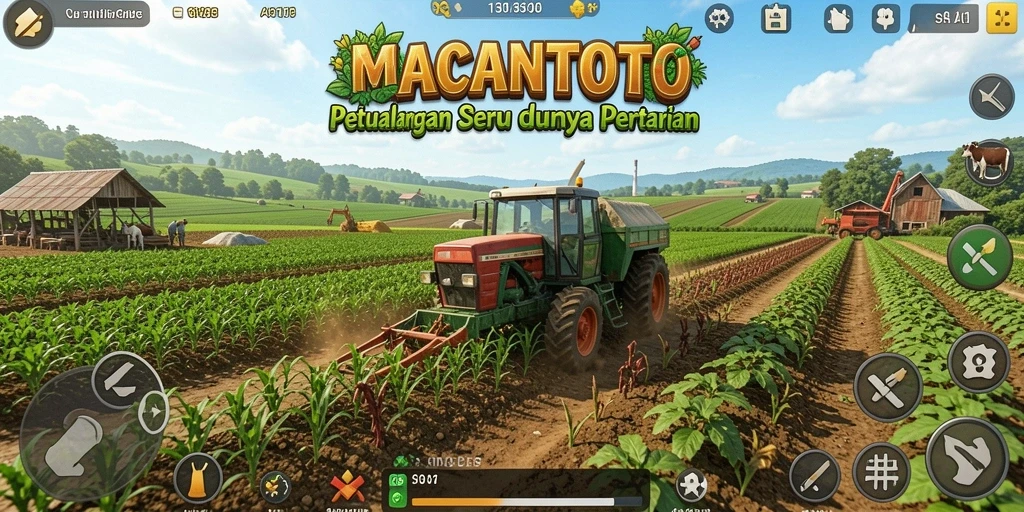 Screenshot utama MACANTOTO menampilkan petak kebun yang indah dengan berbagai tanaman.