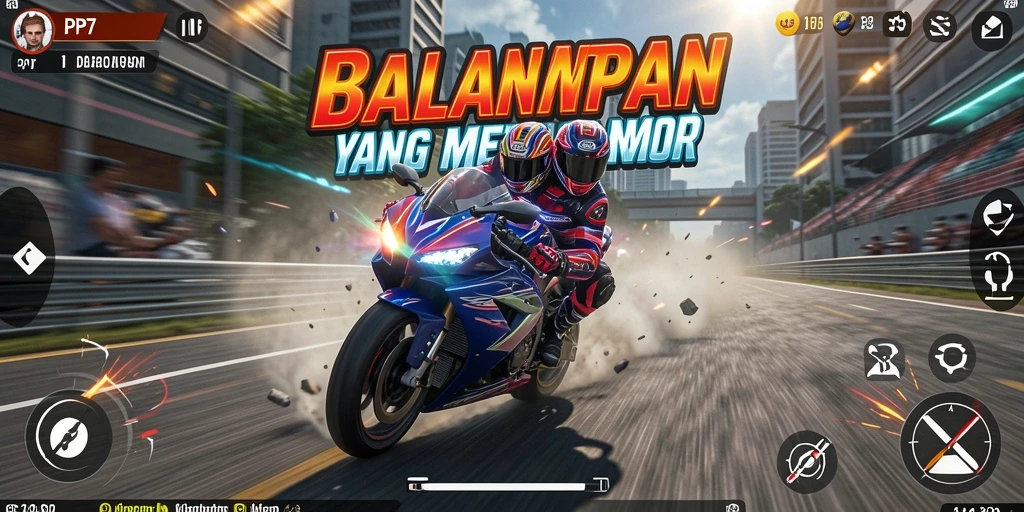 Tangkapan layar utama PP7 menampilkan aksi balapan motor yang dinamis.