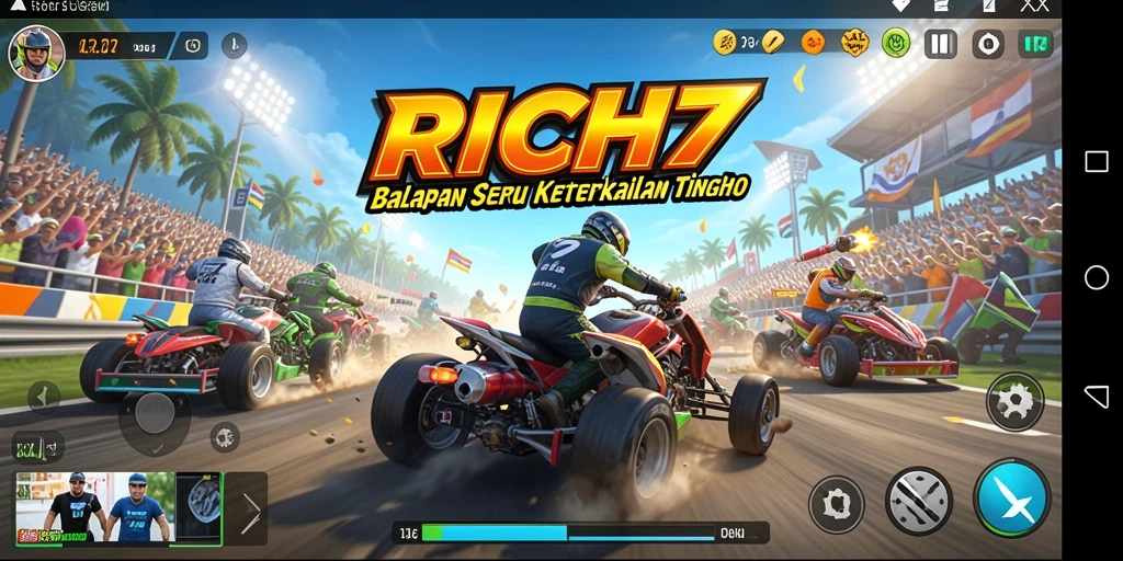 Tampilan gameplay RICH7 dengan aksi balapan yang mendebarkan.