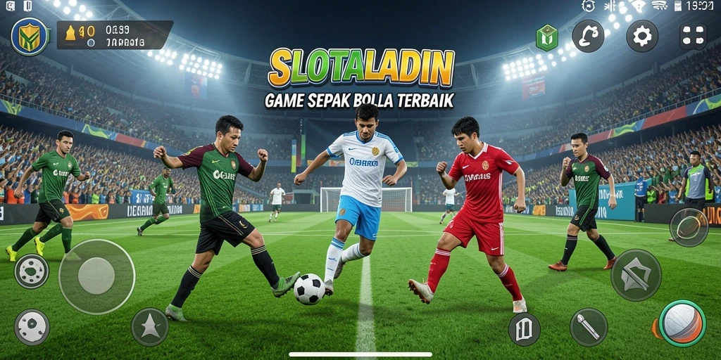 Tampilan gameplay menegangkan dalam <strong>SLOTALADIN</strong> dengan aksi sepak bola yang seru.